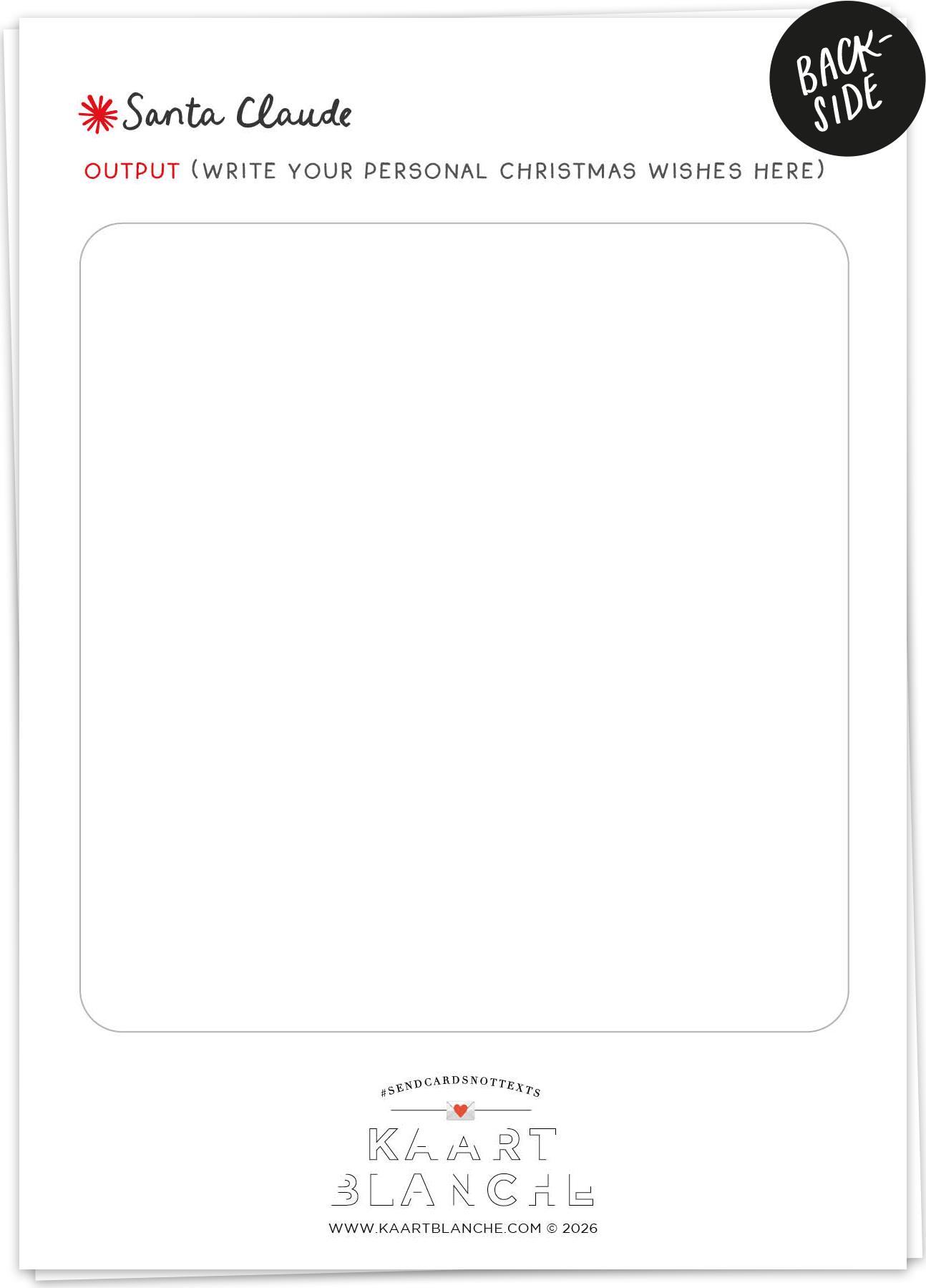 KB-XM2608 - kaart blanche wenskaart - santa claude - single backside